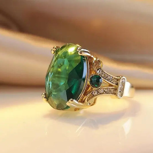 Boho Green Gold Crystal Ring Unique Joyas