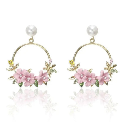 Gold Flower and Pearl Earrings Unique Joyas