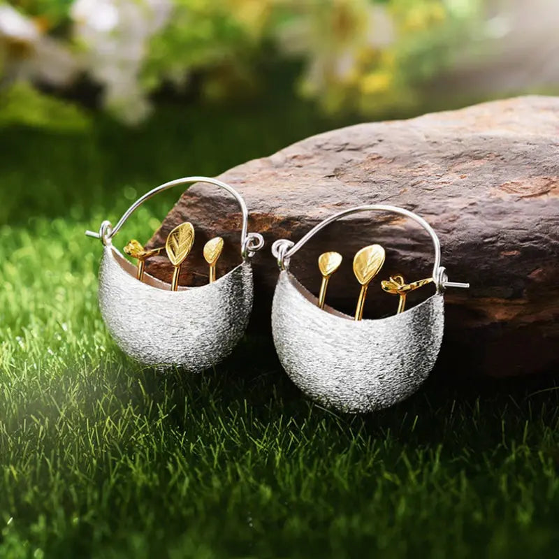 Gold-Plated Flower Basket Earrings in Silver Unique Joyas