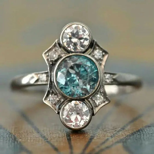 Ring with blue and white crystals in vintage silver Unique Joyas