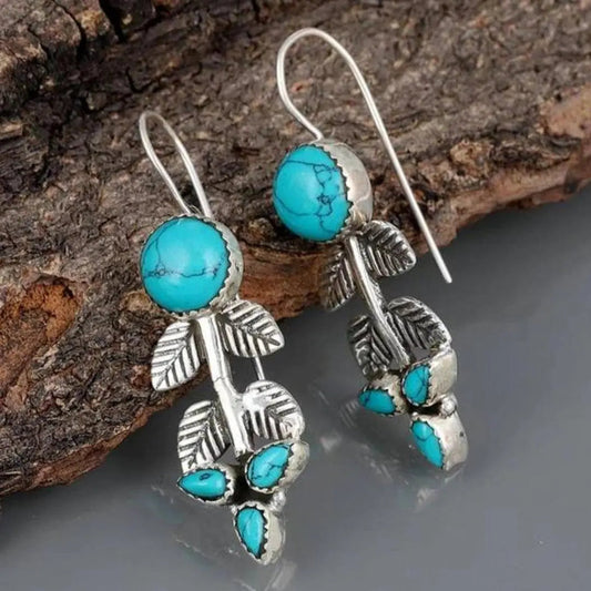 Silver Boho Leaf Opal Earrings Unique Joyas
